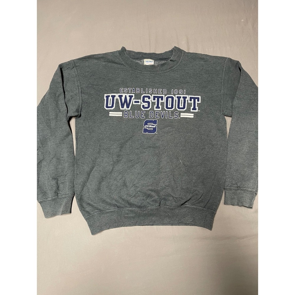 Gildan UW-Stout Blue Devils Sweatshirt Mens Small Gray Crewneck Fleece Pullover